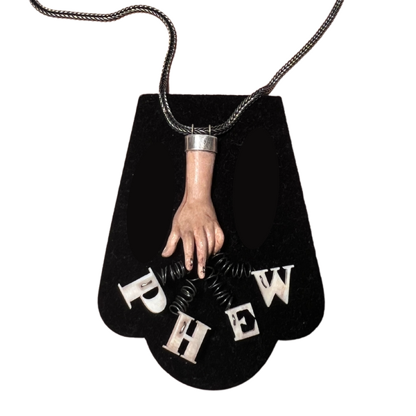 Hand With Text “Phew” 24″ Necklace by Jan Hartley